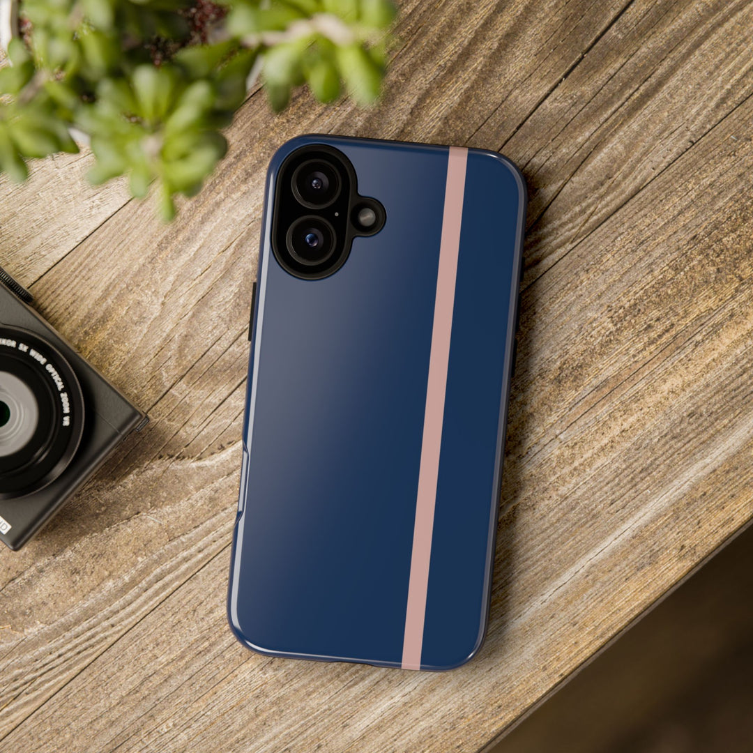 Tough Phone Case Navy Blue Orange Stripe iPhone 18 17 16 15 14 13 12 Pro Max Plus, Samsung Galaxy S26 S25 S24 Ultra Cute Preppy Sport - Studio40ParkLane