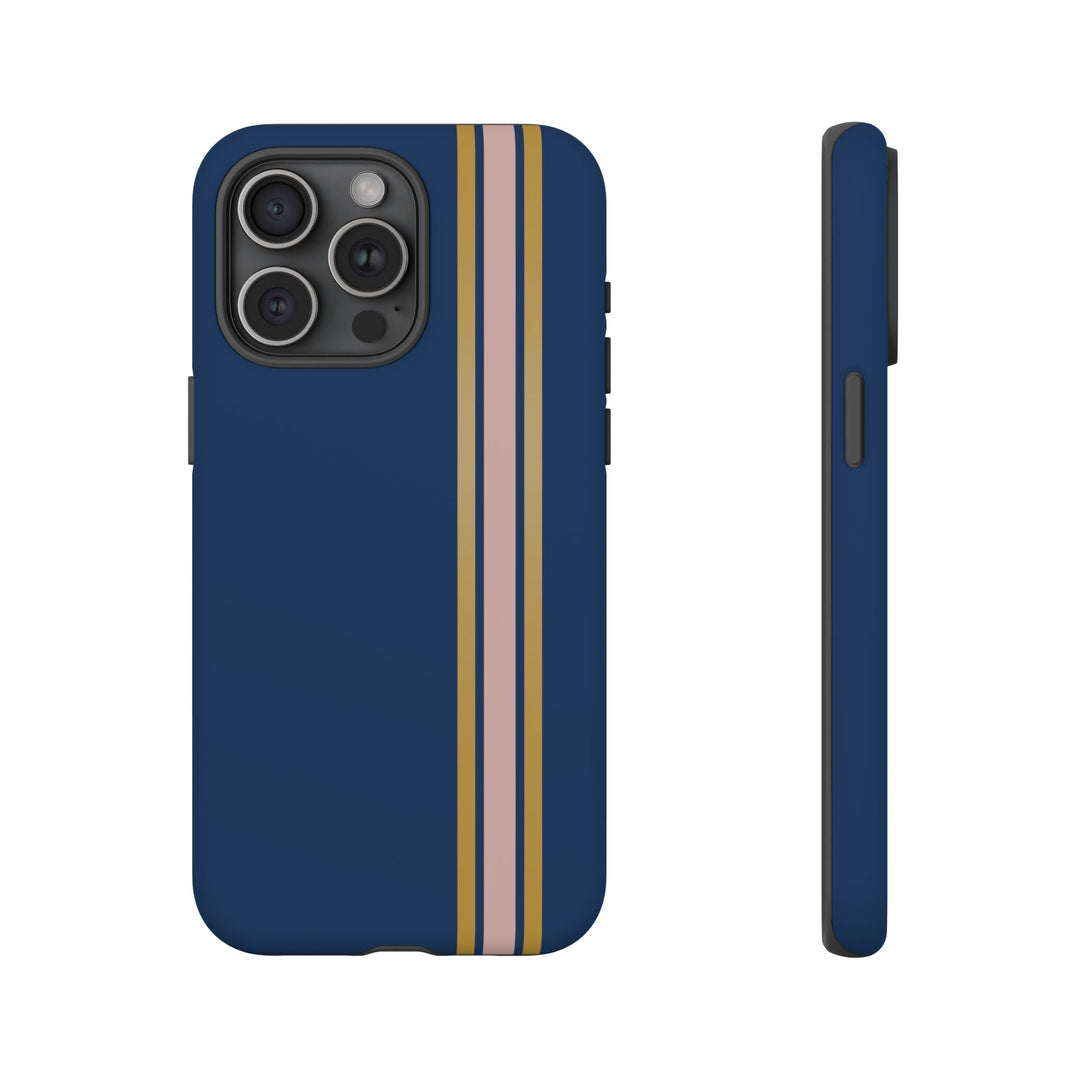 Tough Phone Case Navy Blue Pink Gold Stripe iPhone 18 17 16 15 14 13 12 Pro Max Plus, Samsung Galaxy S26 S25 S24 Ultra Cute Preppy Sport - Studio40ParkLane