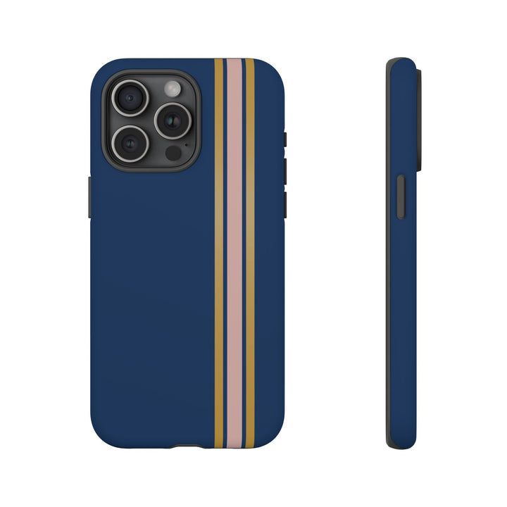 Tough Phone Case Navy Blue Pink Gold Stripe iPhone 18 17 16 15 14 13 12 Pro Max Plus, Samsung Galaxy S26 S25 S24 Ultra Cute Preppy Sport - Studio40ParkLane