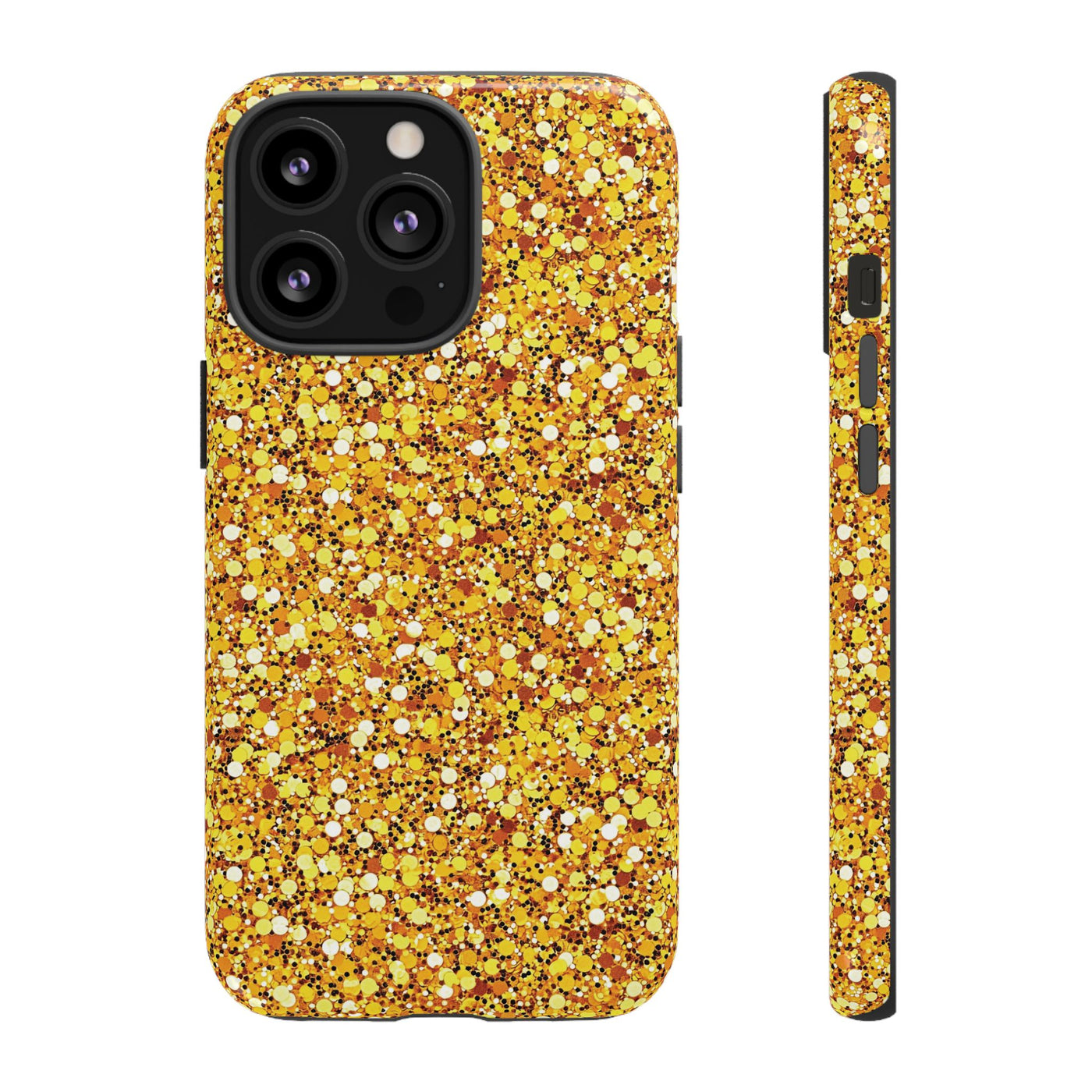 Chic Gold Faux Play on Glitter Effect Cute Phone Case, for IPhone 16 pro Max | Iphone 15, Iphone 14, IPhone 13 Case, 11 8 7, Samsung Galaxy S24, S23, S22, S21, 2 Layer Protection