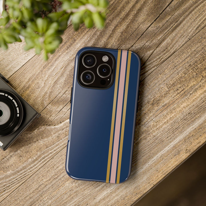 Tough Phone Case Navy Blue Pink Gold Stripe iPhone 18 17 16 15 14 13 12 Pro Max Plus, Samsung Galaxy S26 S25 S24 Ultra Cute Preppy Sport - Studio40ParkLane