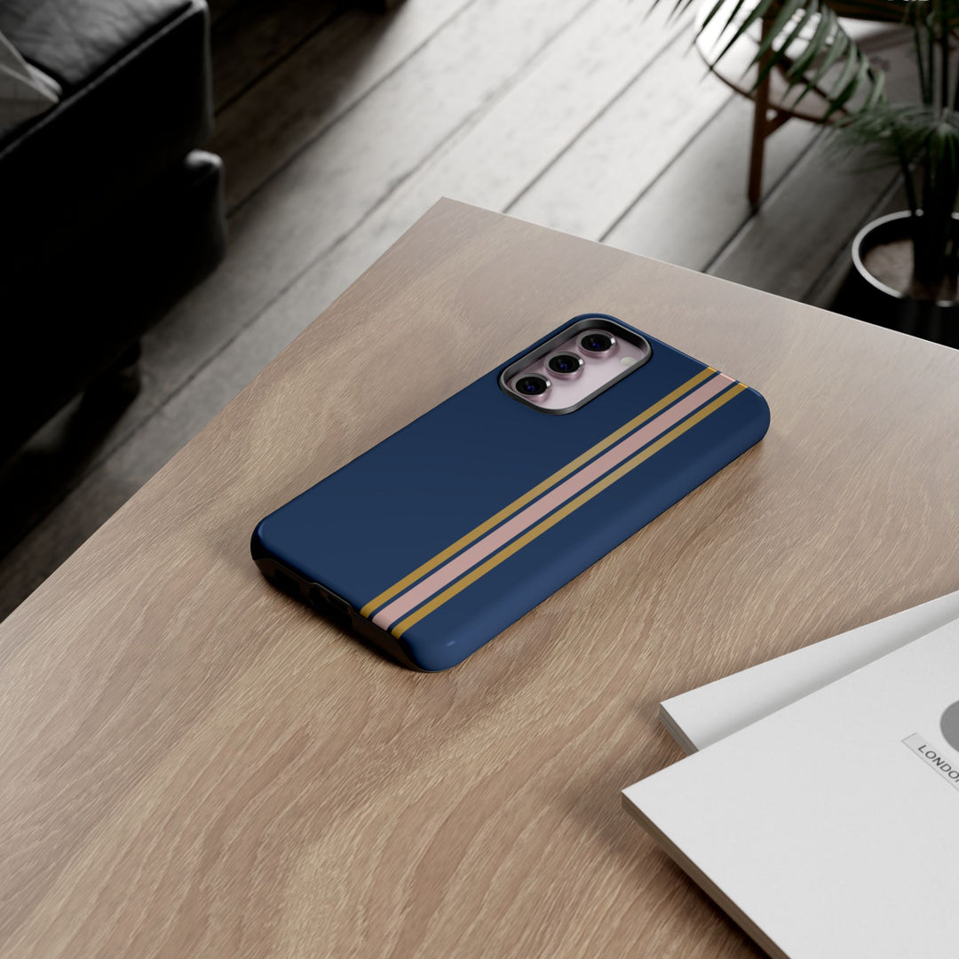 Tough Phone Case Navy Blue Pink Gold Stripe iPhone 18 17 16 15 14 13 12 Pro Max Plus, Samsung Galaxy S26 S25 S24 Ultra Cute Preppy Sport - Studio40ParkLane
