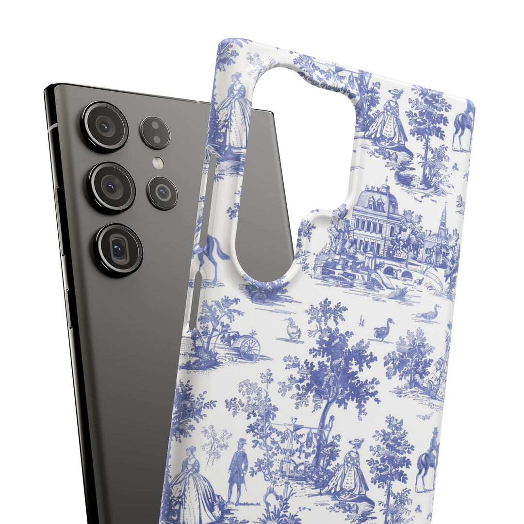 Sleek Snap Blue French Toile Cute Phone Case for iPhone 16 15 14 13 12 11 X Xs Max Xr Pro Plus Samsung Galaxy S24 S23 S22 S21 S20 Note Ultra
