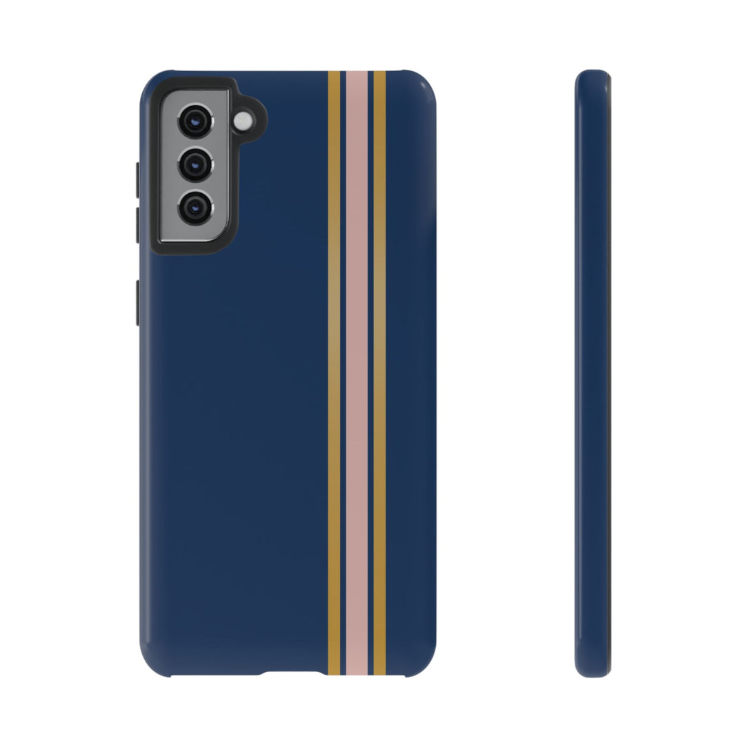 Tough Phone Case Navy Blue Pink Gold Stripe iPhone 18 17 16 15 14 13 12 Pro Max Plus, Samsung Galaxy S26 S25 S24 Ultra Cute Preppy Sport - Studio40ParkLane