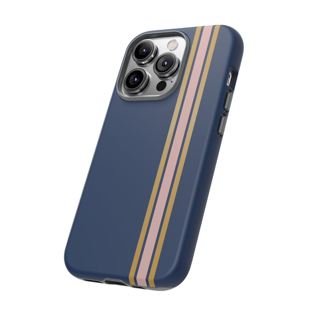 Tough Phone Case Navy Blue Pink Gold Stripe iPhone 18 17 16 15 14 13 12 Pro Max Plus, Samsung Galaxy S26 S25 S24 Ultra Cute Preppy Sport - Studio40ParkLane