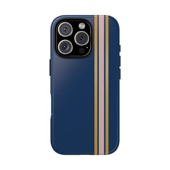 Tough Phone Case Navy Blue Pink Gold Stripe iPhone 18 17 16 15 14 13 12 Pro Max Plus, Samsung Galaxy S26 S25 S24 Ultra Cute Preppy Sport - Studio40ParkLane