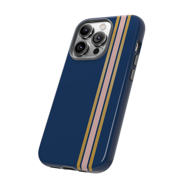 Tough Phone Case Navy Blue Pink Gold Stripe iPhone 18 17 16 15 14 13 12 Pro Max Plus, Samsung Galaxy S26 S25 S24 Ultra Cute Preppy Sport - Studio40ParkLane
