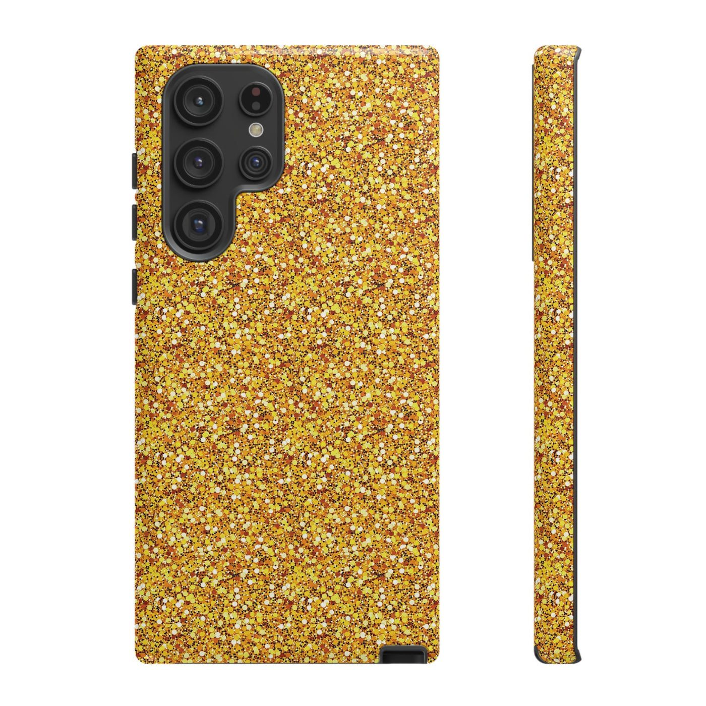 Chic Gold Faux Play on Glitter Effect Cute Phone Case, for IPhone 16 pro Max | Iphone 15, Iphone 14, IPhone 13 Case, 11 8 7, Samsung Galaxy S24, S23, S22, S21, 2 Layer Protection