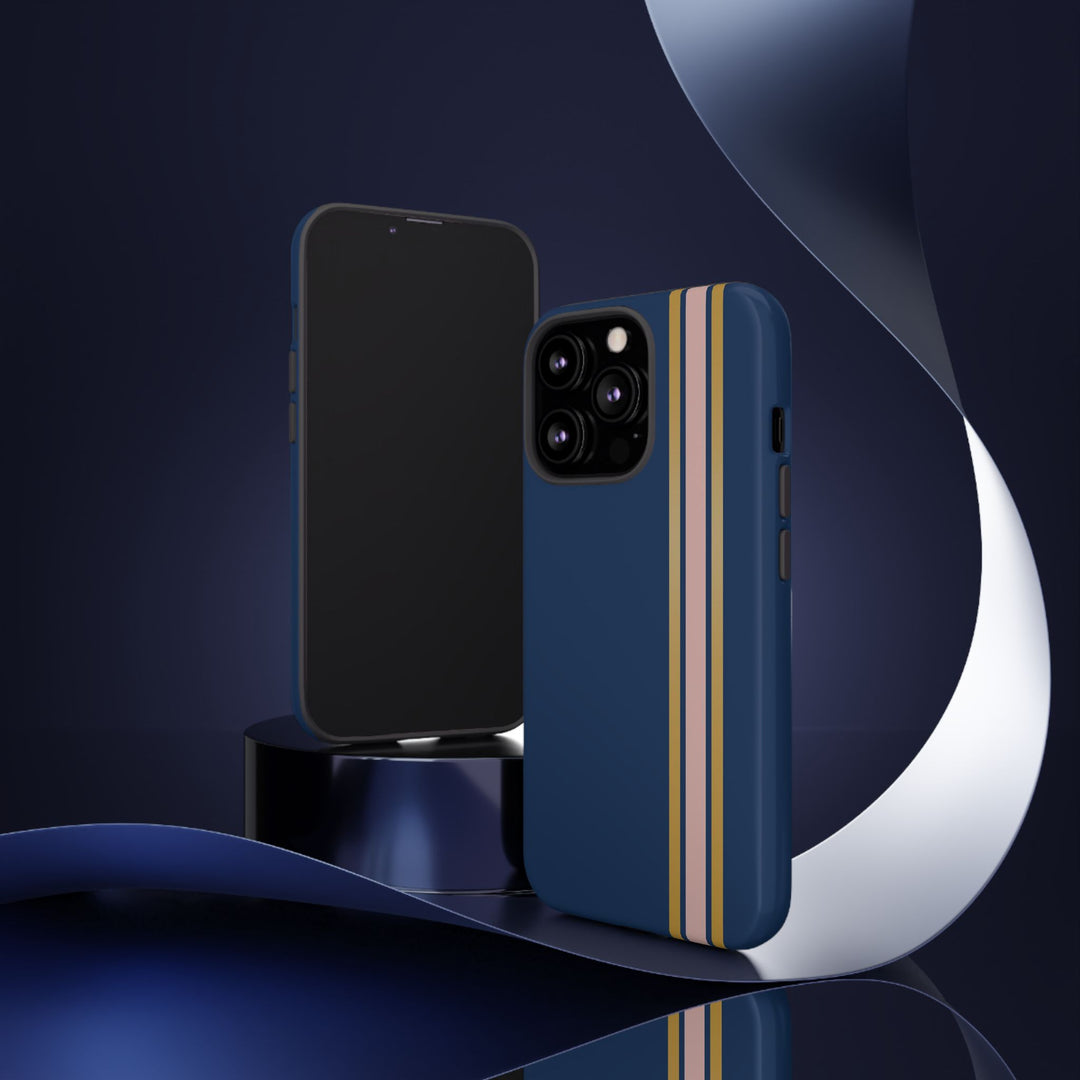 Tough Phone Case Navy Blue Pink Gold Stripe iPhone 18 17 16 15 14 13 12 Pro Max Plus, Samsung Galaxy S26 S25 S24 Ultra Cute Preppy Sport - Studio40ParkLane
