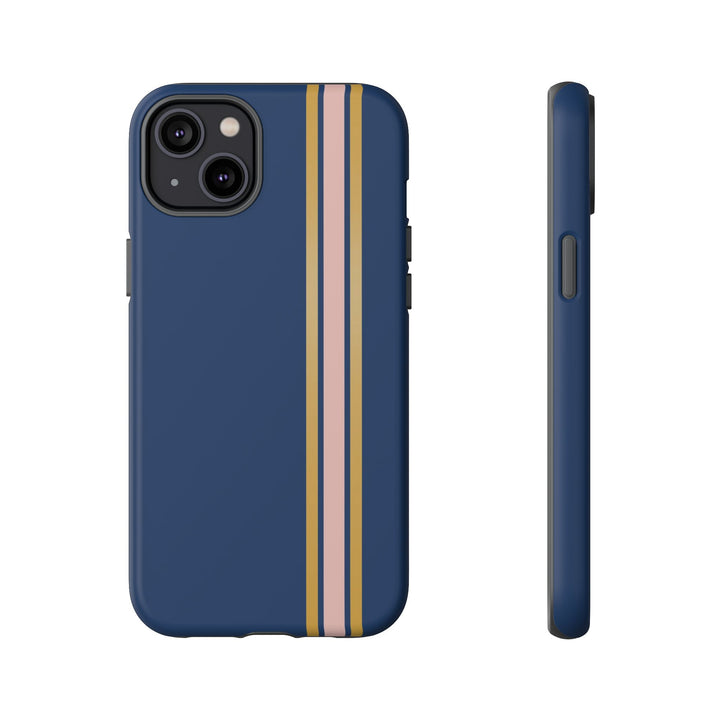 Tough Phone Case Navy Blue Pink Gold Stripe iPhone 18 17 16 15 14 13 12 Pro Max Plus, Samsung Galaxy S26 S25 S24 Ultra Cute Preppy Sport - Studio40ParkLane