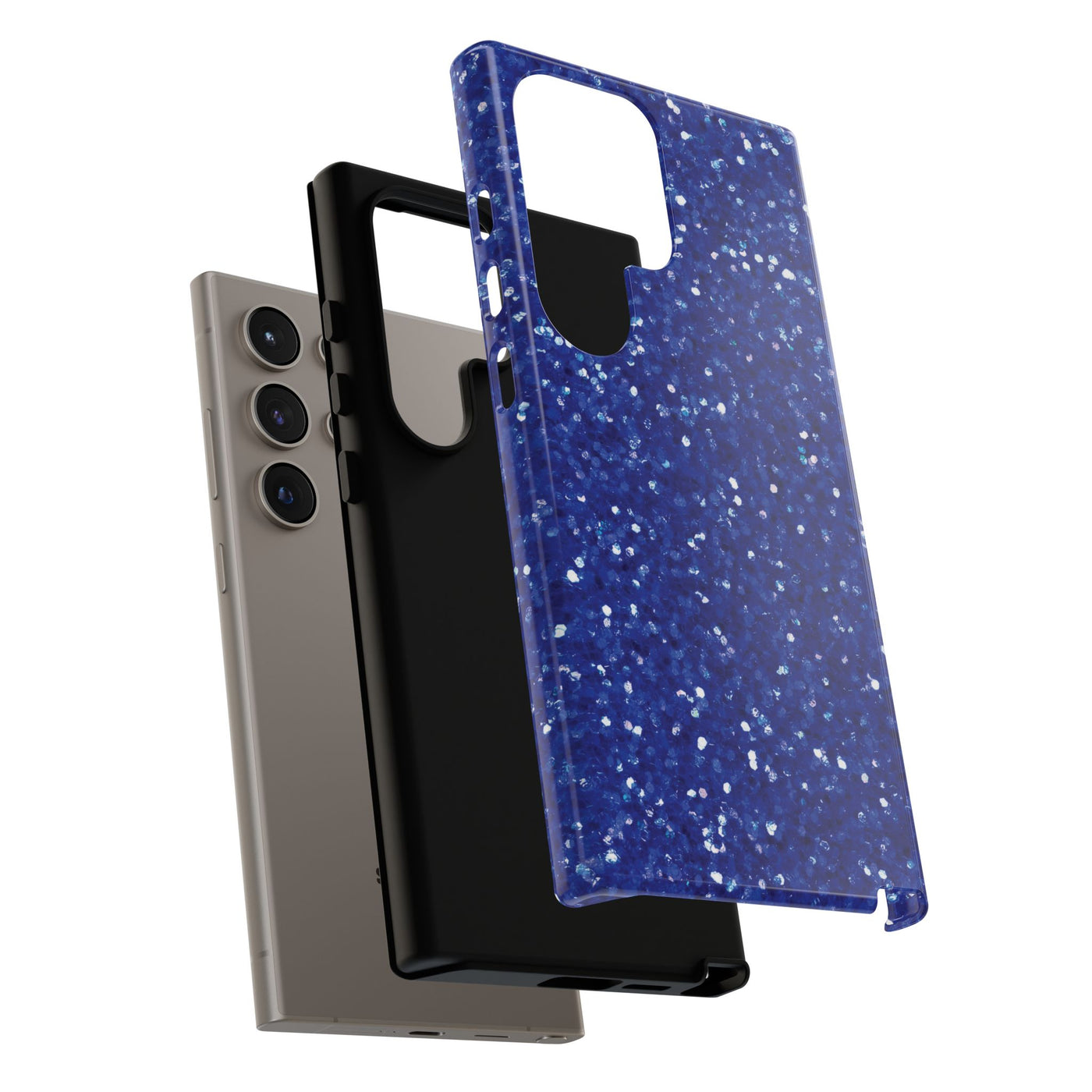 Chic Blue Faux Play on Glitter Effect Cute Phone Case, for IPhone 16 pro Max | Iphone 15, Iphone 14, IPhone 13 Case, 11 8 7, Samsung Galaxy S24, S23, S22, S21, 2 Layer Protection