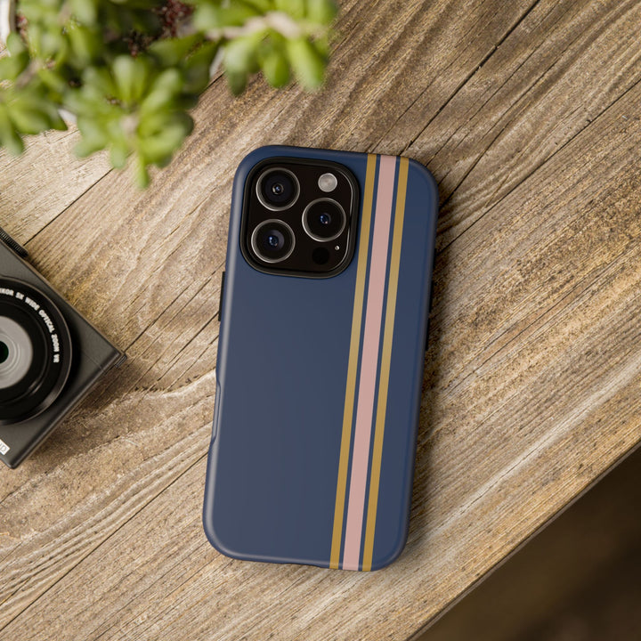 Tough Phone Case Navy Blue Pink Gold Stripe iPhone 18 17 16 15 14 13 12 Pro Max Plus, Samsung Galaxy S26 S25 S24 Ultra Cute Preppy Sport - Studio40ParkLane