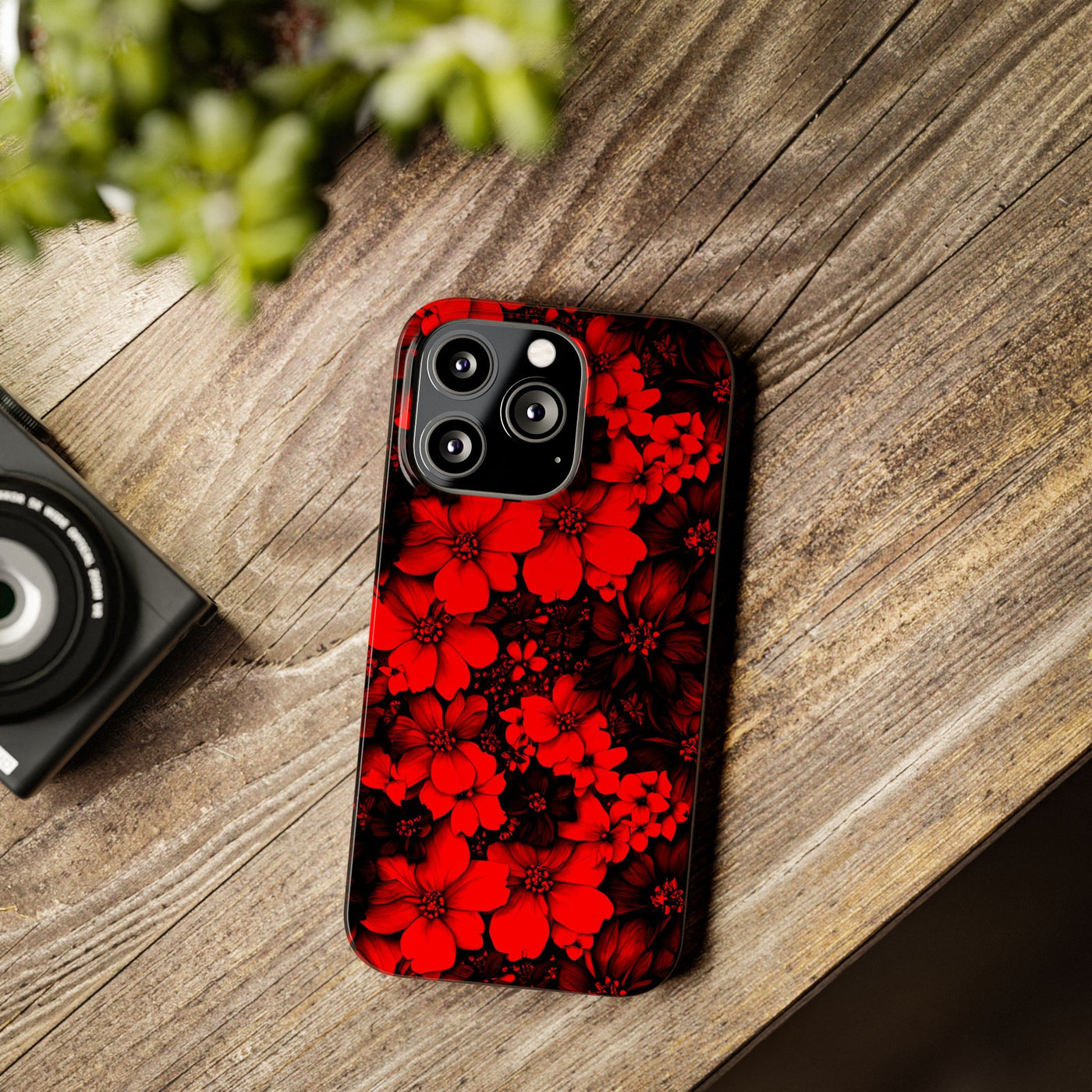 Slim Cute iPhone Cases - | iPhone 15 Case | iPhone 15 Pro Max Case, Iphone 14 Case, Iphone 14 Pro Max, Iphone 13, Red Black Flowers