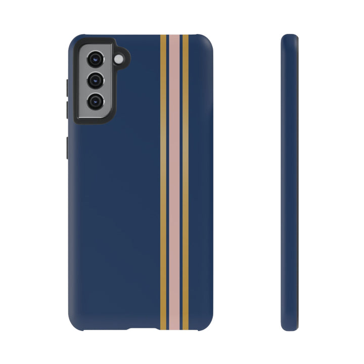 Tough Phone Case Navy Blue Pink Gold Stripe iPhone 18 17 16 15 14 13 12 Pro Max Plus, Samsung Galaxy S26 S25 S24 Ultra Cute Preppy Sport - Studio40ParkLane