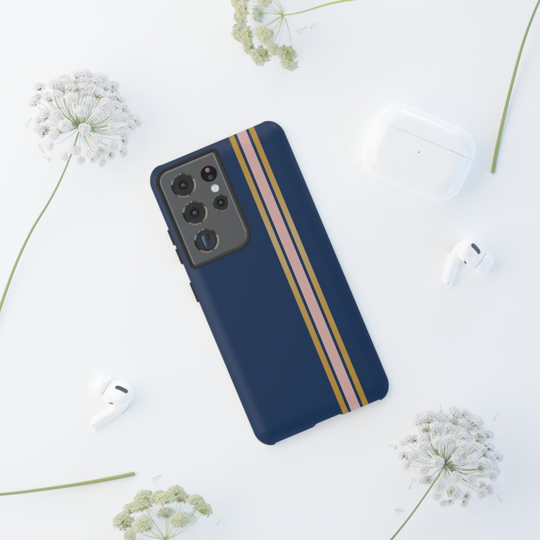 Tough Phone Case Navy Blue Pink Gold Stripe iPhone 18 17 16 15 14 13 12 Pro Max Plus, Samsung Galaxy S26 S25 S24 Ultra Cute Preppy Sport - Studio40ParkLane