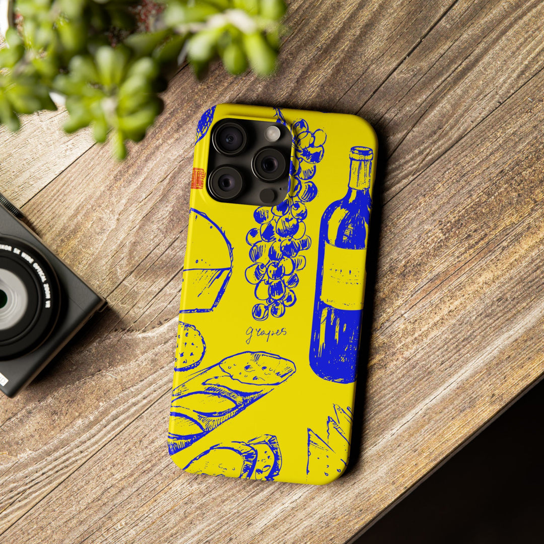 Slim Cute Phone Cases for Iphone | iPhone 15 Case | iPhone 15 Pro Max Case, Iphone 14, Iphone 14 Pro Max, Iphone 13, French Food Wine Yellow Blue - Studio40ParkLane