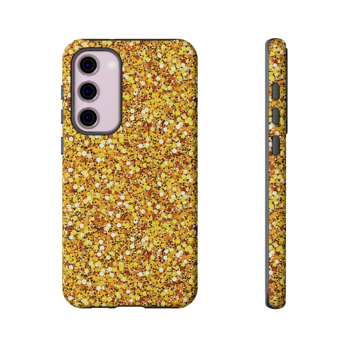 Chic Gold Faux Play on Glitter Effect Cute Phone Case, for IPhone 16 pro Max | Iphone 15, Iphone 14, IPhone 13 Case, 11 8 7, Samsung Galaxy S24, S23, S22, S21, 2 Layer Protection