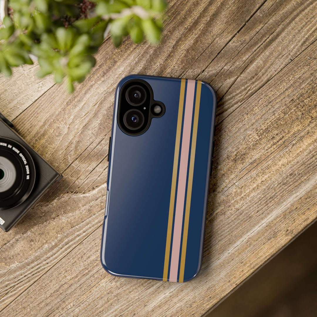 Tough Phone Case Navy Blue Pink Gold Stripe iPhone 18 17 16 15 14 13 12 Pro Max Plus, Samsung Galaxy S26 S25 S24 Ultra Cute Preppy Sport - Studio40ParkLane