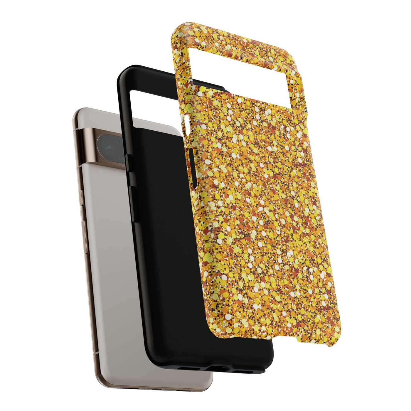 Chic Gold Faux Play on Glitter Effect Cute Phone Case, for IPhone 16 pro Max | Iphone 15, Iphone 14, IPhone 13 Case, 11 8 7, Samsung Galaxy S24, S23, S22, S21, 2 Layer Protection