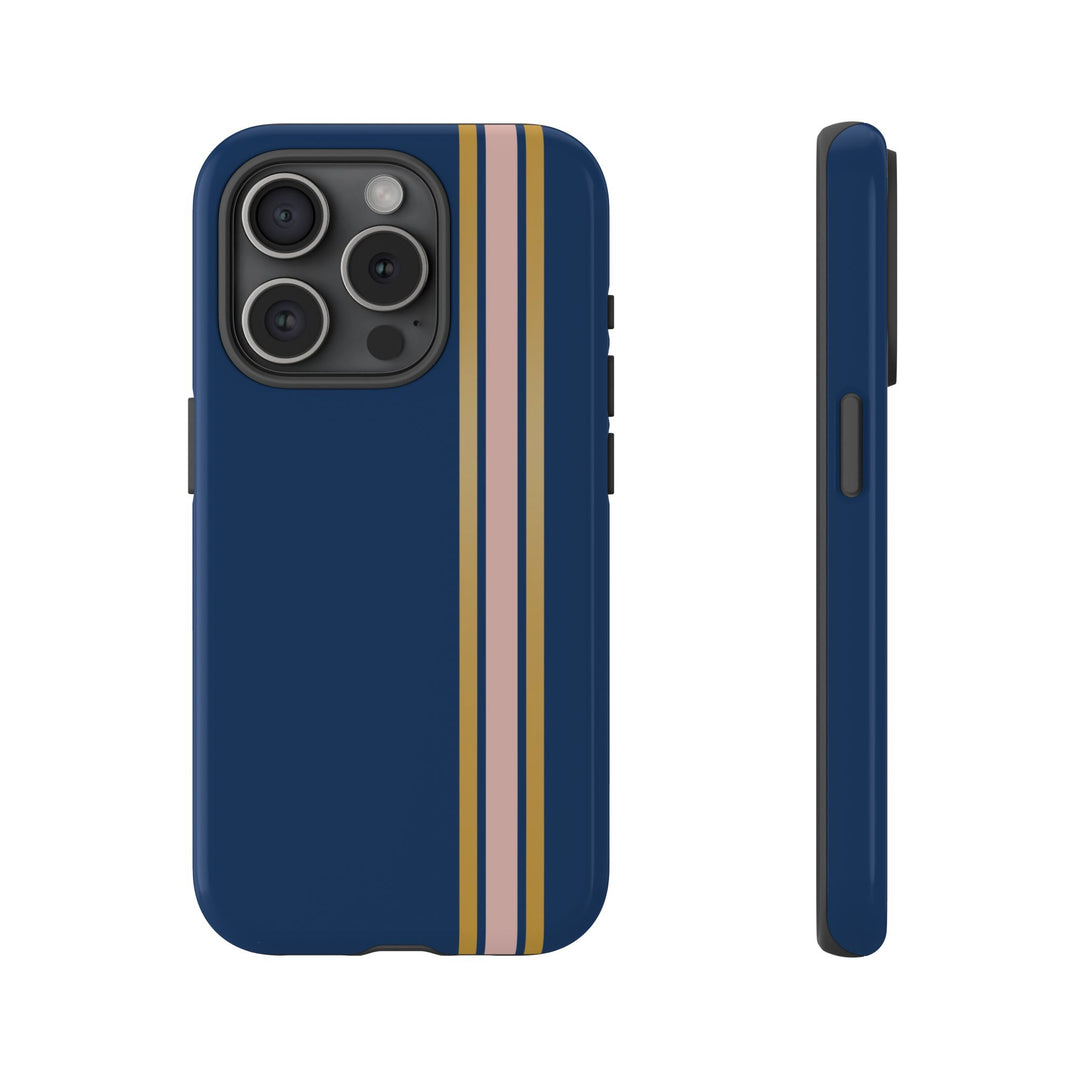 Tough Phone Case Navy Blue Pink Gold Stripe iPhone 18 17 16 15 14 13 12 Pro Max Plus, Samsung Galaxy S26 S25 S24 Ultra Cute Preppy Sport - Studio40ParkLane