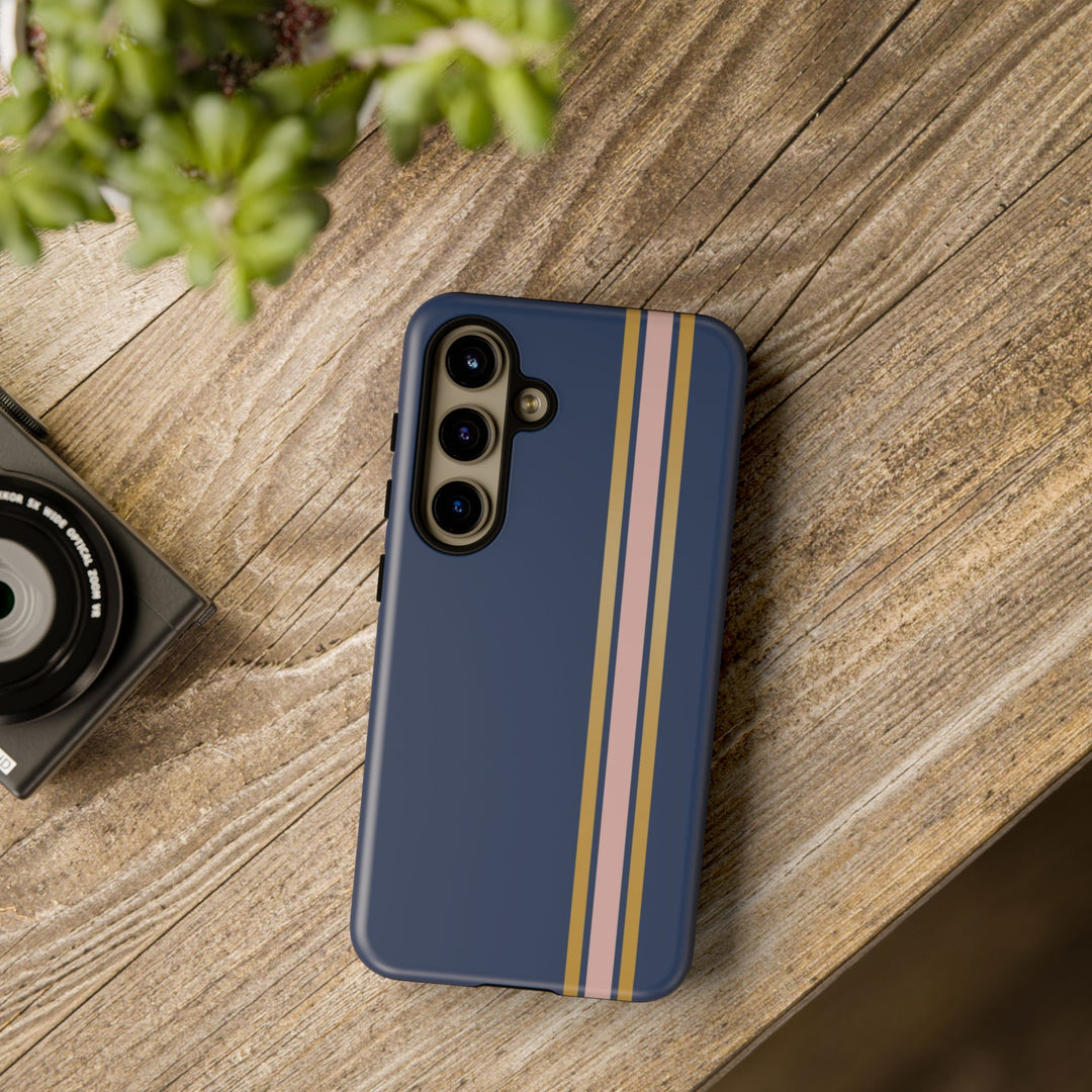 Tough Phone Case Navy Blue Pink Gold Stripe iPhone 18 17 16 15 14 13 12 Pro Max Plus, Samsung Galaxy S26 S25 S24 Ultra Cute Preppy Sport - Studio40ParkLane