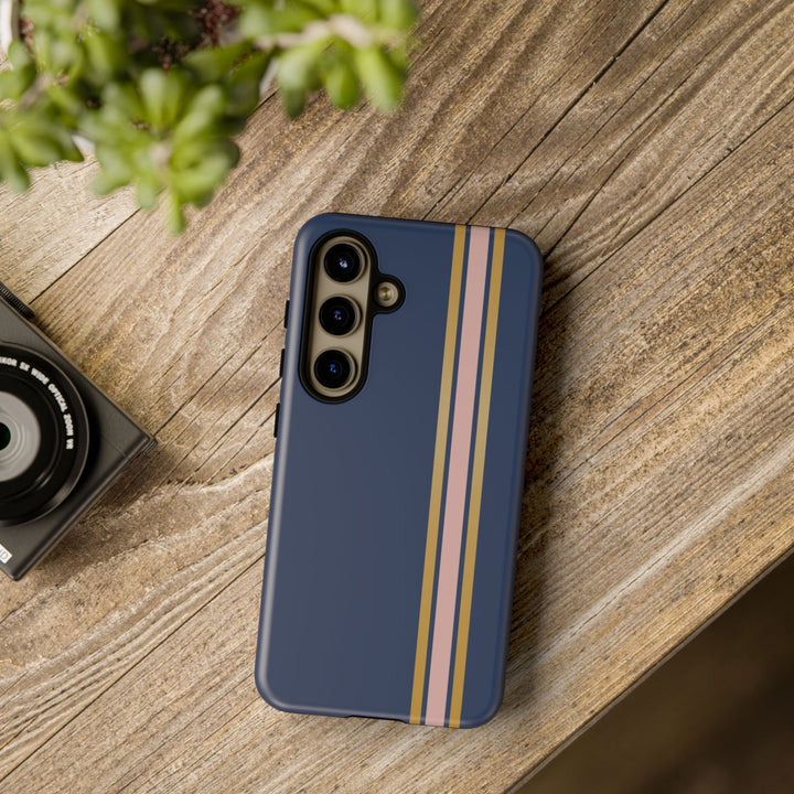 Tough Phone Case Navy Blue Pink Gold Stripe iPhone 18 17 16 15 14 13 12 Pro Max Plus, Samsung Galaxy S26 S25 S24 Ultra Cute Preppy Sport - Studio40ParkLane
