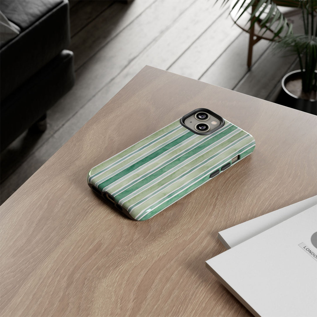 Aesthetic Tough Green Watercolor Stripes Premium Phone Case - For iPhone 17 Pro Max iPhone 16 Pro iPhone 15 Iphone 14 Plus 13 Pro 12 11 10 - Studio40ParkLane