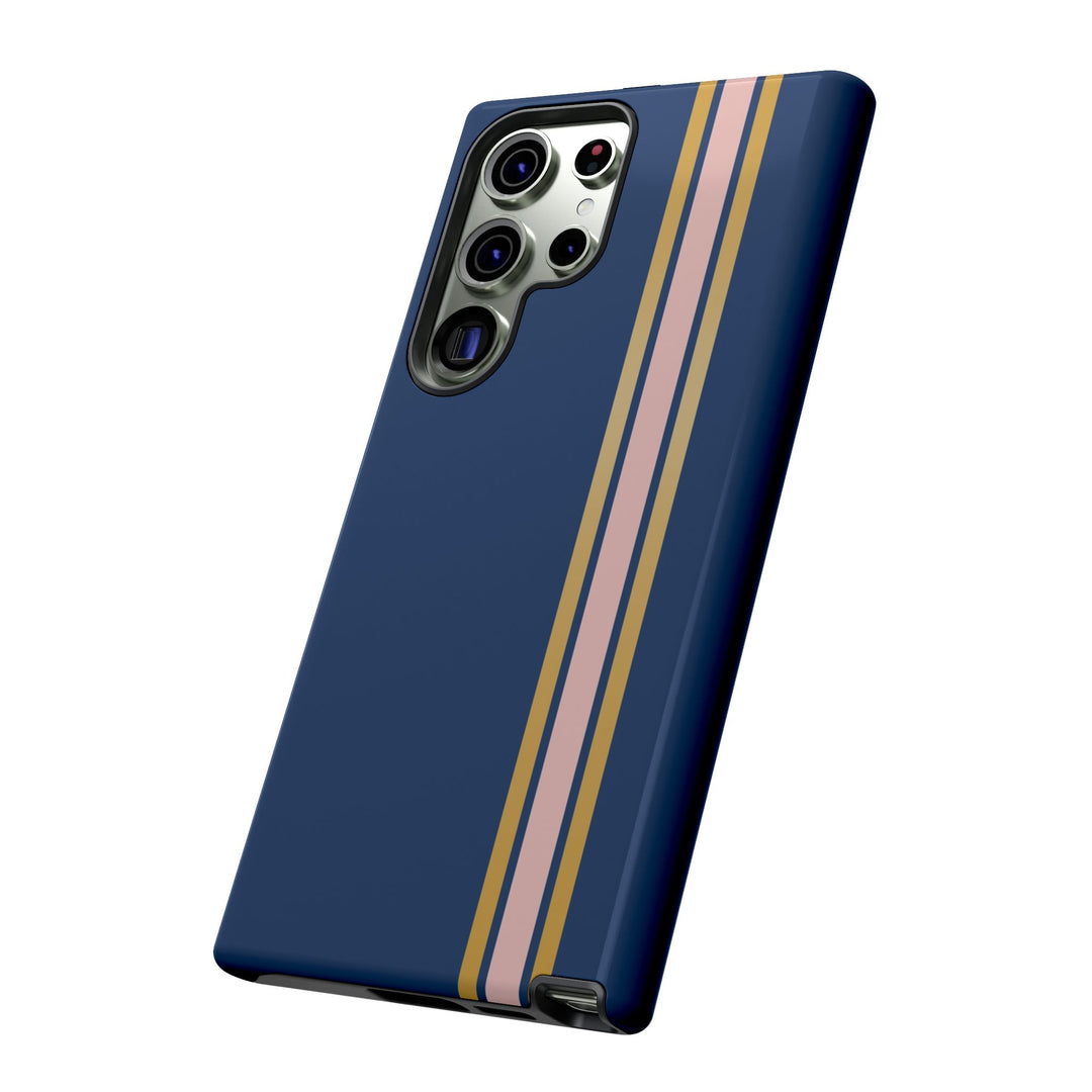 Tough Phone Case Navy Blue Pink Gold Stripe iPhone 18 17 16 15 14 13 12 Pro Max Plus, Samsung Galaxy S26 S25 S24 Ultra Cute Preppy Sport - Studio40ParkLane