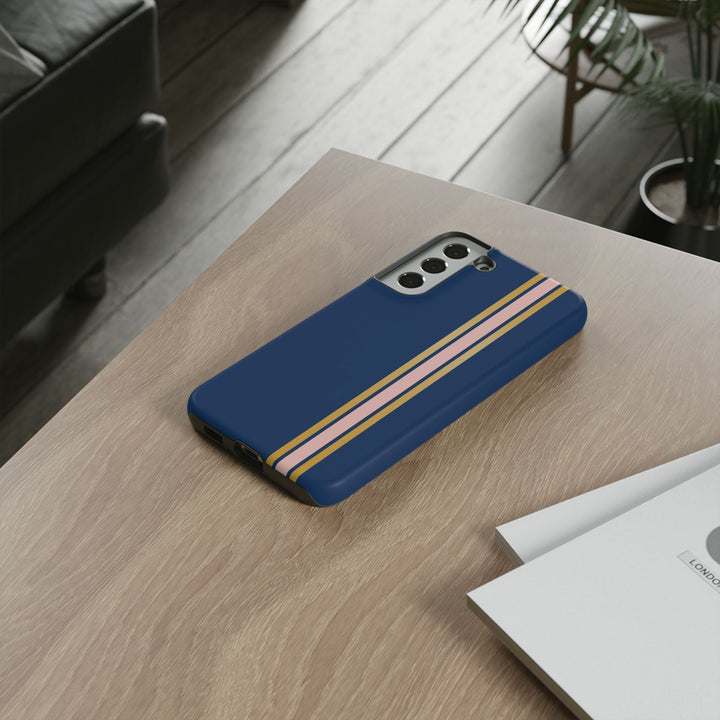 Tough Phone Case Navy Blue Pink Gold Stripe iPhone 18 17 16 15 14 13 12 Pro Max Plus, Samsung Galaxy S26 S25 S24 Ultra Cute Preppy Sport - Studio40ParkLane