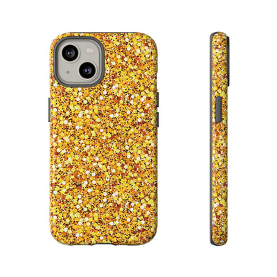 Chic Gold Faux Play on Glitter Effect Cute Phone Case, for IPhone 16 pro Max | Iphone 15, Iphone 14, IPhone 13 Case, 11 8 7, Samsung Galaxy S24, S23, S22, S21, 2 Layer Protection