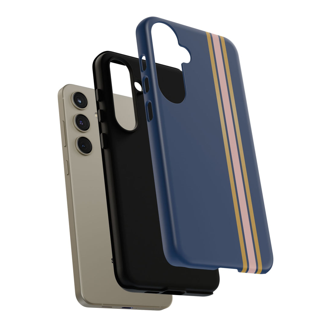 Tough Phone Case Navy Blue Pink Gold Stripe iPhone 18 17 16 15 14 13 12 Pro Max Plus, Samsung Galaxy S26 S25 S24 Ultra Cute Preppy Sport - Studio40ParkLane