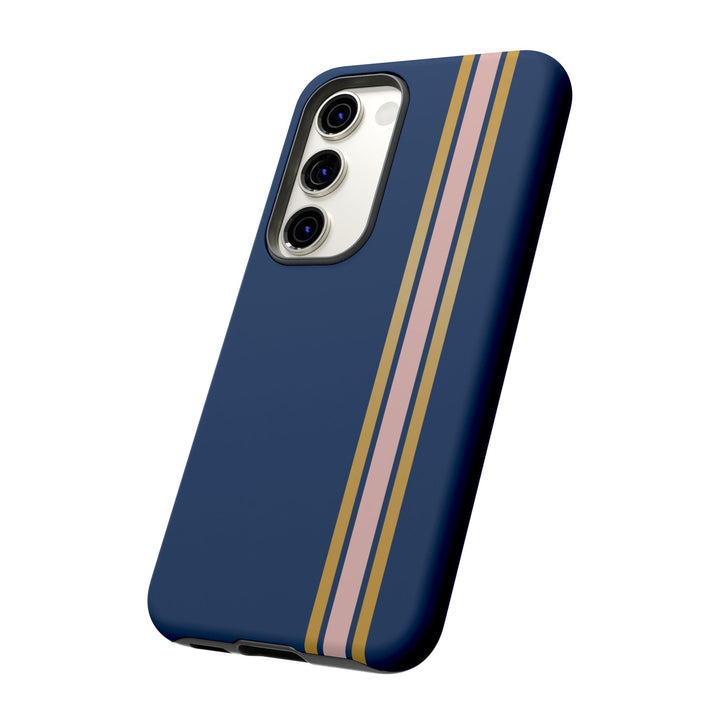 Tough Phone Case Navy Blue Pink Gold Stripe iPhone 18 17 16 15 14 13 12 Pro Max Plus, Samsung Galaxy S26 S25 S24 Ultra Cute Preppy Sport - Studio40ParkLane