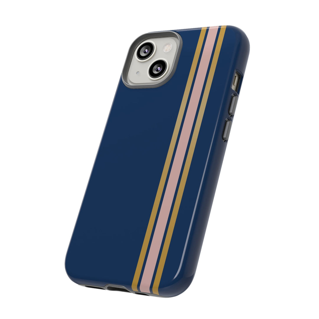 Tough Phone Case Navy Blue Pink Gold Stripe iPhone 18 17 16 15 14 13 12 Pro Max Plus, Samsung Galaxy S26 S25 S24 Ultra Cute Preppy Sport - Studio40ParkLane