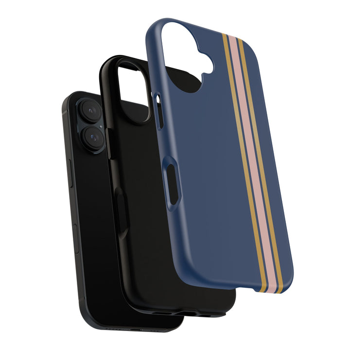 Tough Phone Case Navy Blue Pink Gold Stripe iPhone 18 17 16 15 14 13 12 Pro Max Plus, Samsung Galaxy S26 S25 S24 Ultra Cute Preppy Sport - Studio40ParkLane