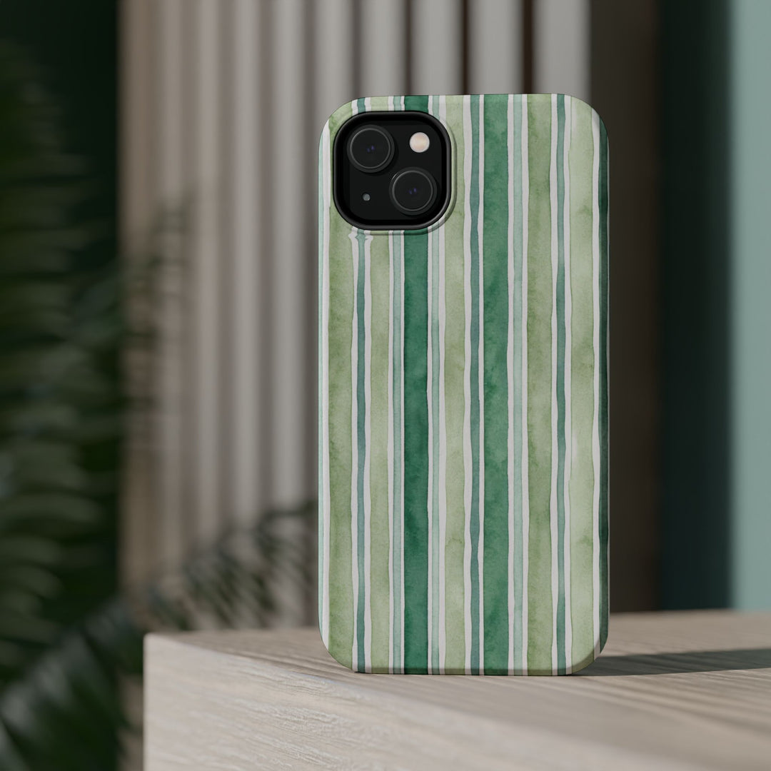 Aesthetic Tough Magsafe Green Stripes Watercolor Phone Case - For iPhone 17 Pro Max iPhone 16 Pro iPhone 15 Iphone 14 Plus 13 Pro 12 11 10 - Studio40ParkLane