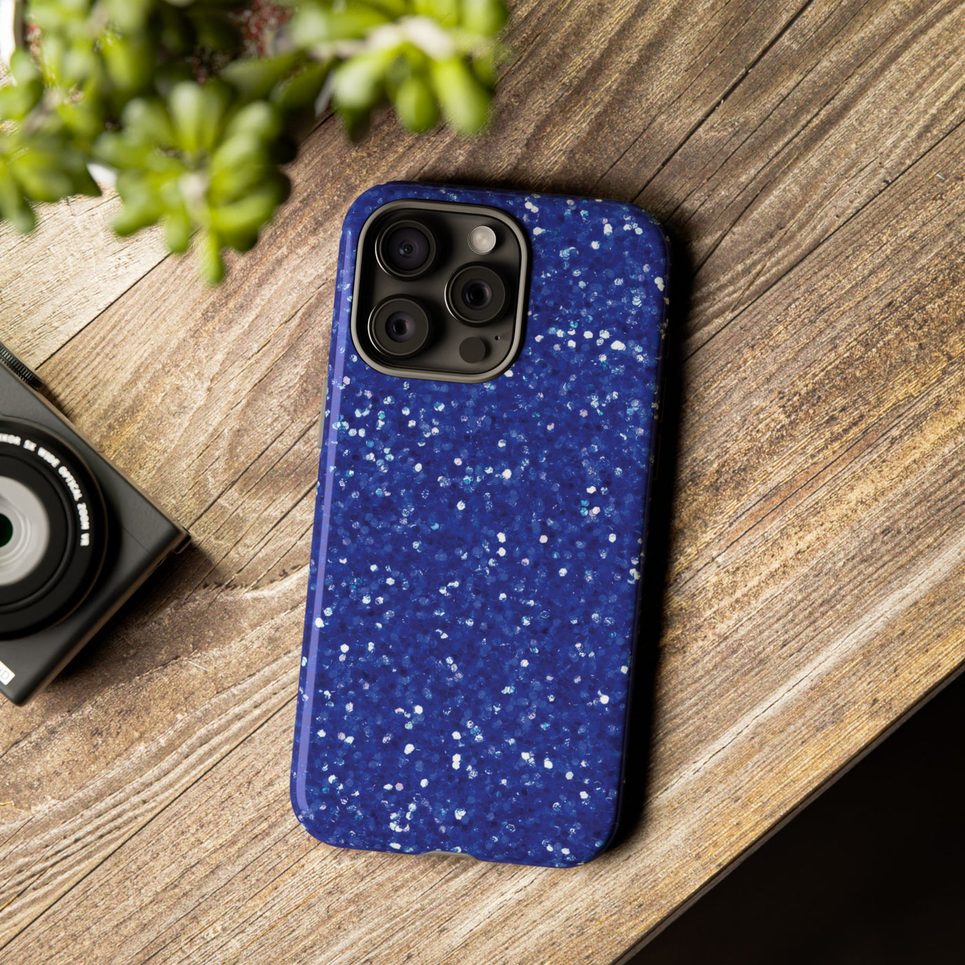 Chic Blue Faux Play on Glitter Effect Cute Phone Case, for IPhone 16 pro Max | Iphone 15, Iphone 14, IPhone 13 Case, 11 8 7, Samsung Galaxy S24, S23, S22, S21, 2 Layer Protection