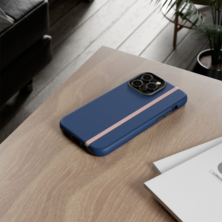 Tough Phone Case Navy Blue Orange Stripe iPhone 18 17 16 15 14 13 12 Pro Max Plus, Samsung Galaxy S26 S25 S24 Ultra Cute Preppy Sport - Studio40ParkLane