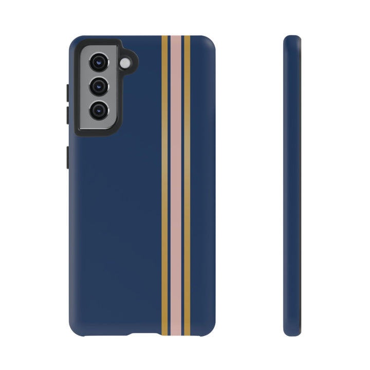 Tough Phone Case Navy Blue Pink Gold Stripe iPhone 18 17 16 15 14 13 12 Pro Max Plus, Samsung Galaxy S26 S25 S24 Ultra Cute Preppy Sport - Studio40ParkLane