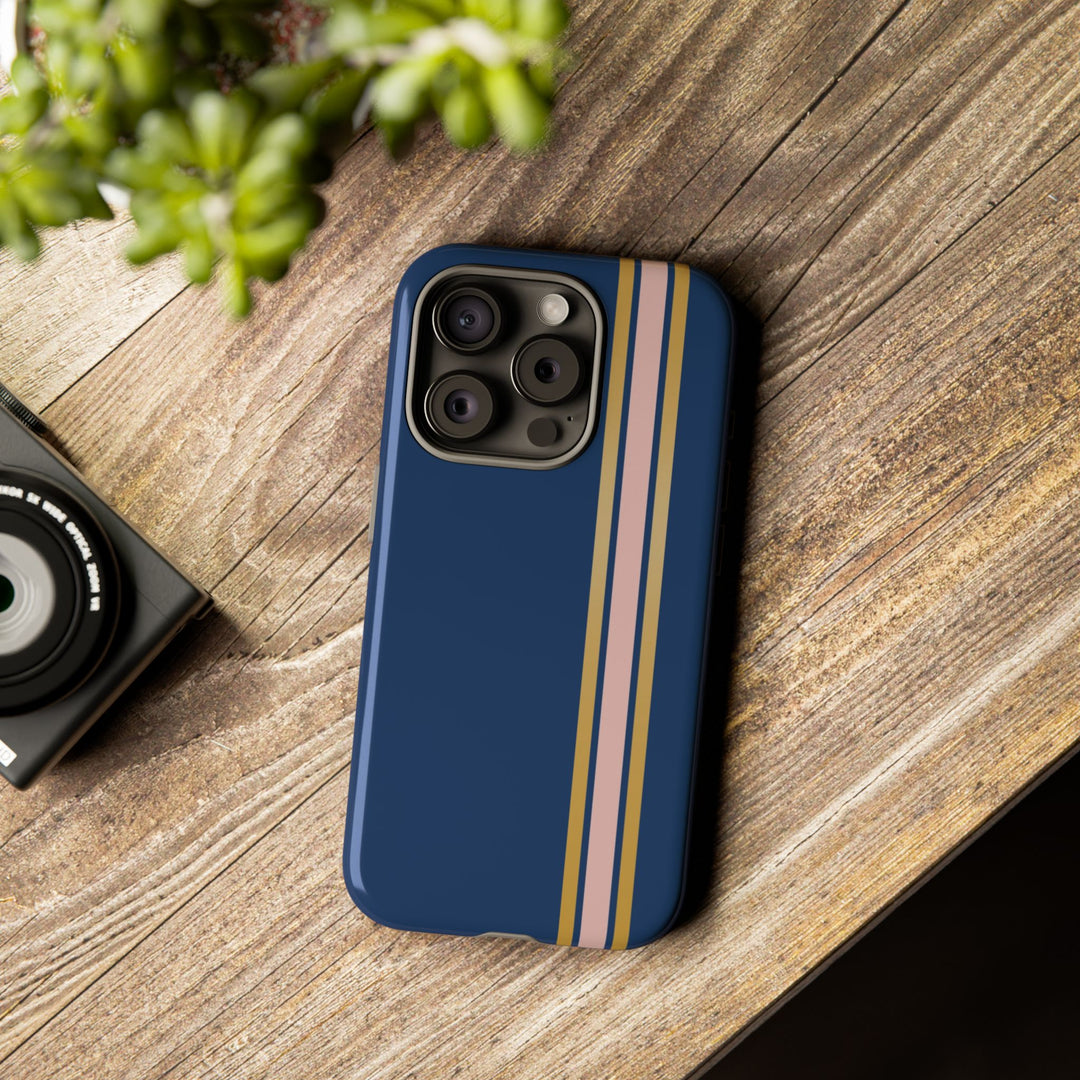 Tough Phone Case Navy Blue Pink Gold Stripe iPhone 18 17 16 15 14 13 12 Pro Max Plus, Samsung Galaxy S26 S25 S24 Ultra Cute Preppy Sport - Studio40ParkLane