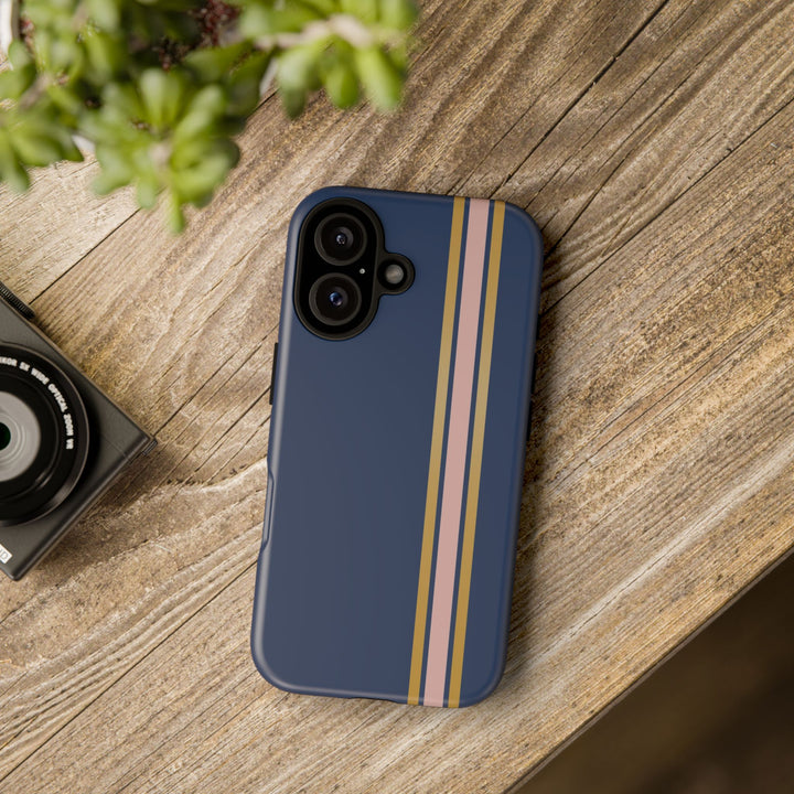 Tough Phone Case Navy Blue Pink Gold Stripe iPhone 18 17 16 15 14 13 12 Pro Max Plus, Samsung Galaxy S26 S25 S24 Ultra Cute Preppy Sport - Studio40ParkLane