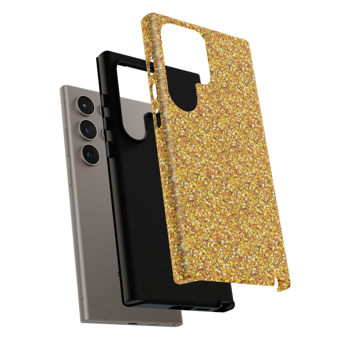 Chic Gold Faux Play on Glitter Effect Cute Phone Case, for IPhone 16 pro Max | Iphone 15, Iphone 14, IPhone 13 Case, 11 8 7, Samsung Galaxy S24, S23, S22, S21, 2 Layer Protection