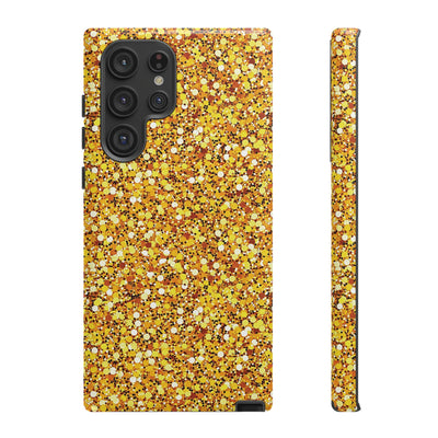 Chic Gold Faux Play on Glitter Effect Cute Phone Case, for IPhone 16 pro Max | Iphone 15, Iphone 14, IPhone 13 Case, 11 8 7, Samsung Galaxy S24, S23, S22, S21, 2 Layer Protection