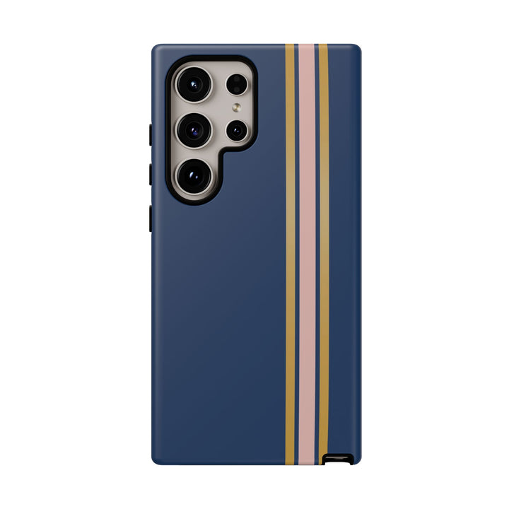 Tough Phone Case Navy Blue Pink Gold Stripe iPhone 18 17 16 15 14 13 12 Pro Max Plus, Samsung Galaxy S26 S25 S24 Ultra Cute Preppy Sport - Studio40ParkLane