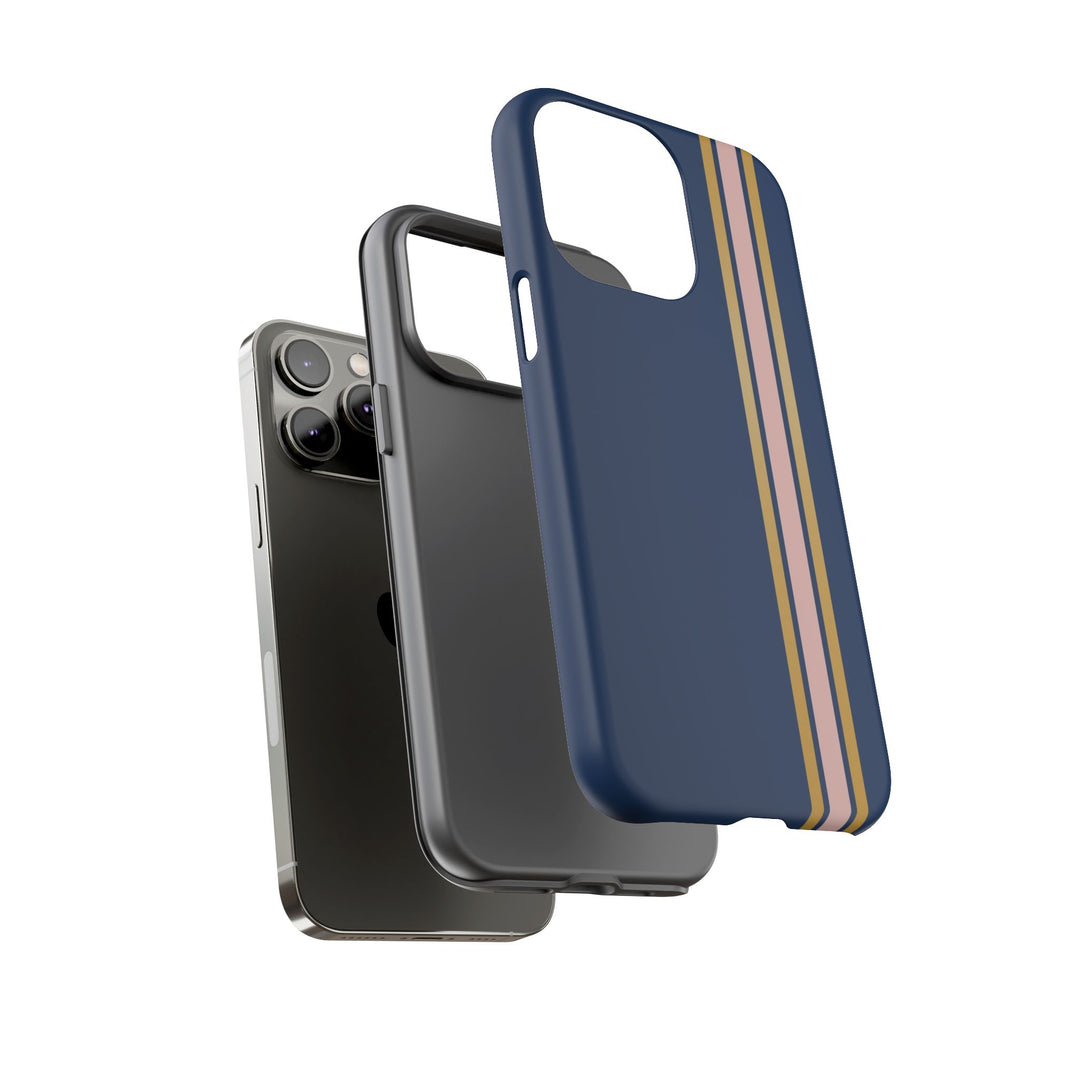 Tough Phone Case Navy Blue Pink Gold Stripe iPhone 18 17 16 15 14 13 12 Pro Max Plus, Samsung Galaxy S26 S25 S24 Ultra Cute Preppy Sport - Studio40ParkLane