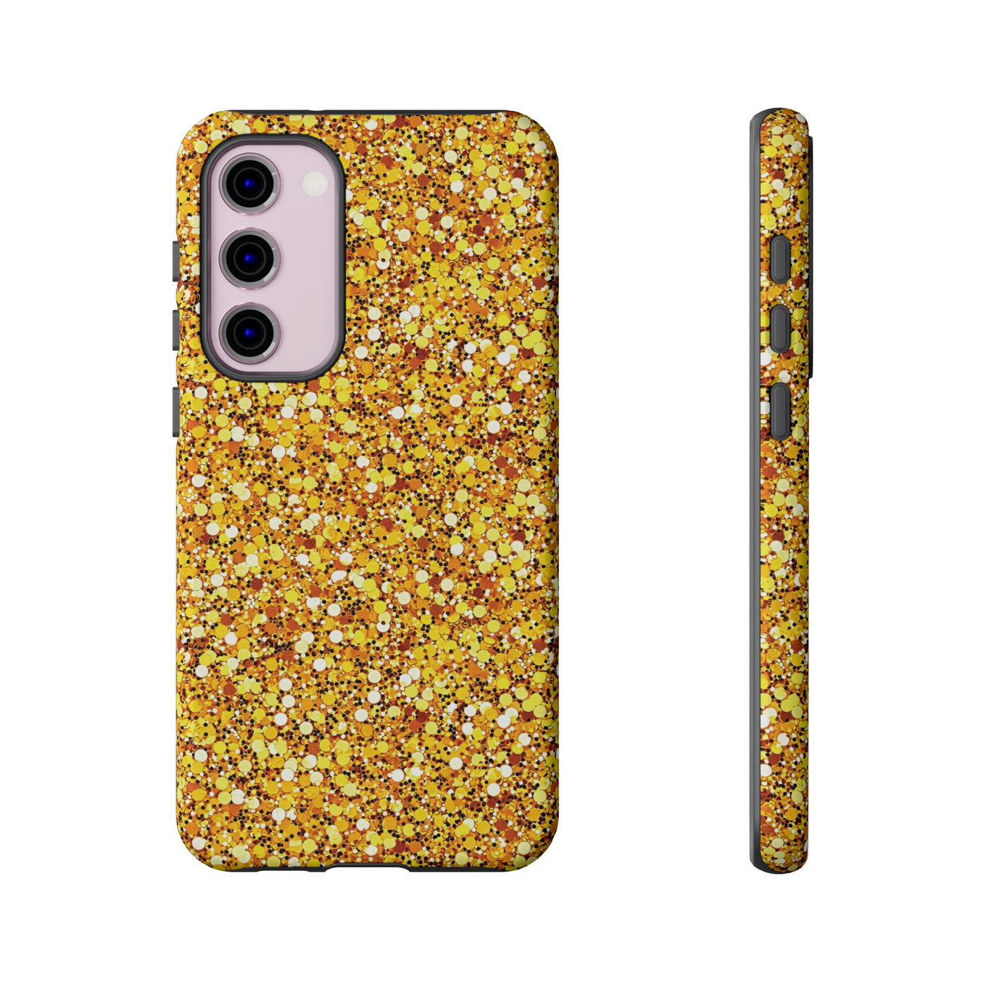 Chic Gold Faux Play on Glitter Effect Cute Phone Case, for IPhone 16 pro Max | Iphone 15, Iphone 14, IPhone 13 Case, 11 8 7, Samsung Galaxy S24, S23, S22, S21, 2 Layer Protection