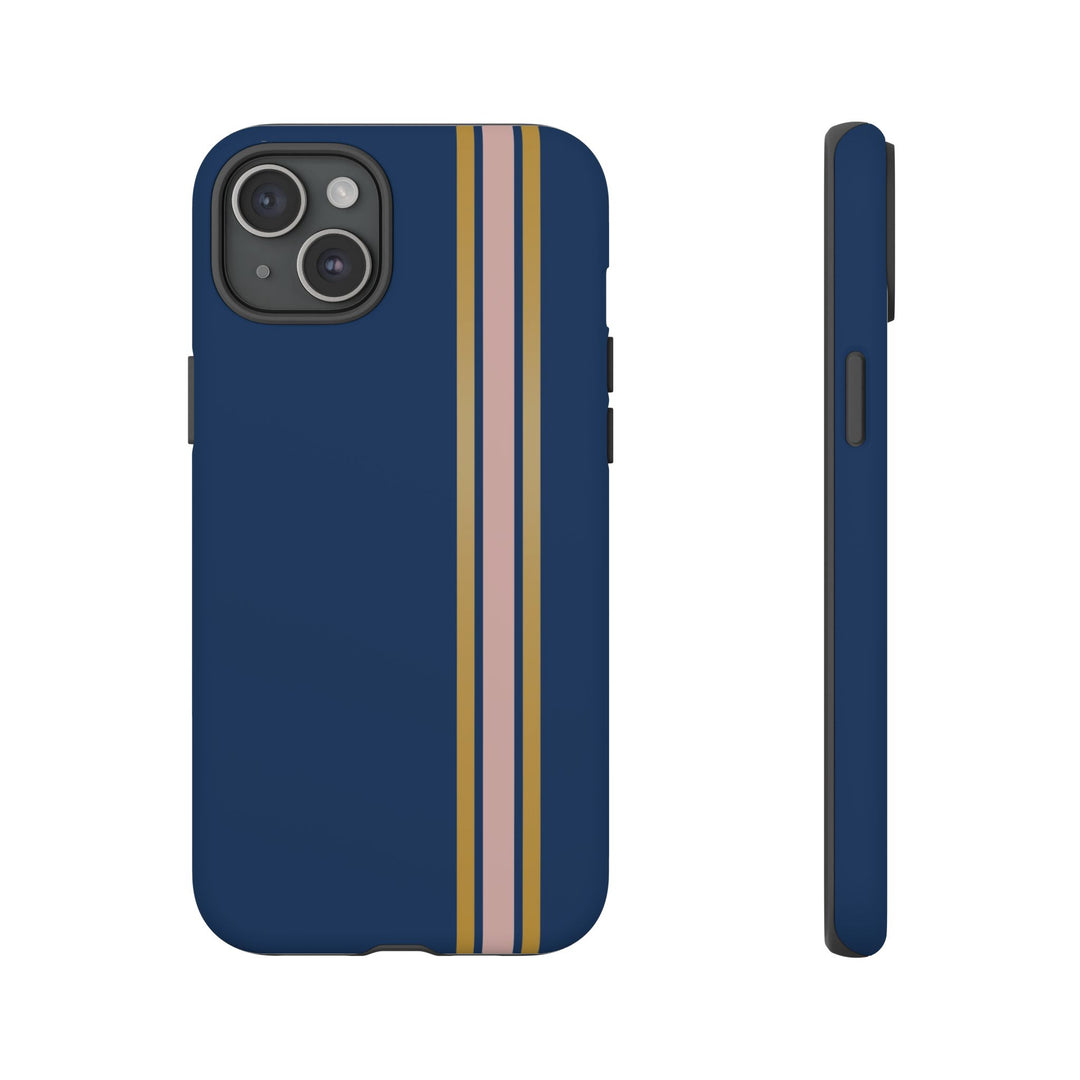 Tough Phone Case Navy Blue Pink Gold Stripe iPhone 18 17 16 15 14 13 12 Pro Max Plus, Samsung Galaxy S26 S25 S24 Ultra Cute Preppy Sport - Studio40ParkLane