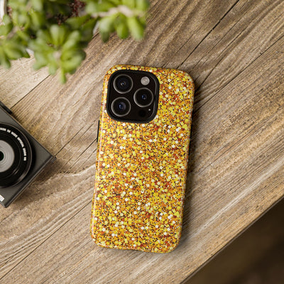 Chic Gold Faux Play on Glitter Effect Cute Phone Case, for IPhone 16 pro Max | Iphone 15, Iphone 14, IPhone 13 Case, 11 8 7, Samsung Galaxy S24, S23, S22, S21, 2 Layer Protection