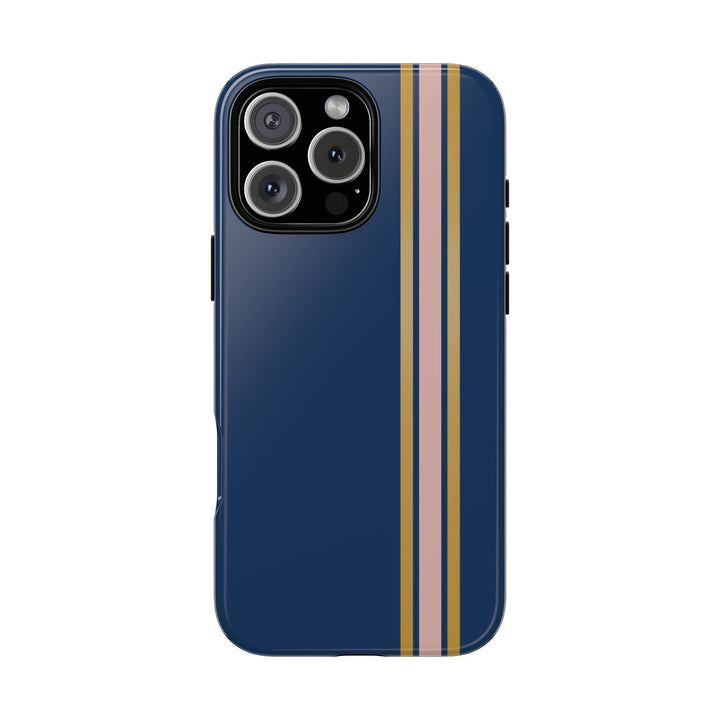 Tough Phone Case Navy Blue Pink Gold Stripe iPhone 18 17 16 15 14 13 12 Pro Max Plus, Samsung Galaxy S26 S25 S24 Ultra Cute Preppy Sport - Studio40ParkLane