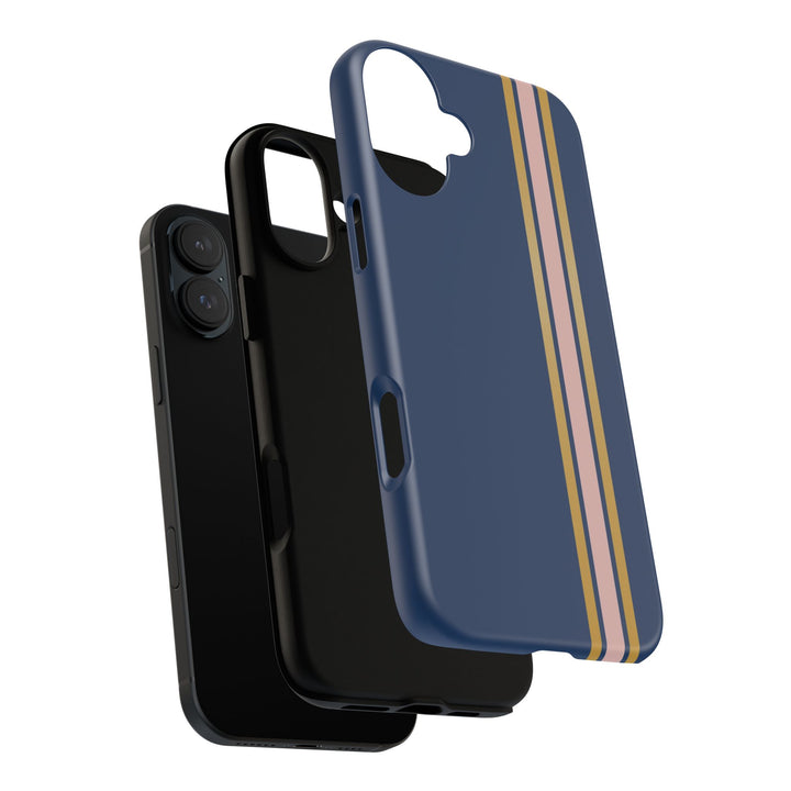 Tough Phone Case Navy Blue Pink Gold Stripe iPhone 18 17 16 15 14 13 12 Pro Max Plus, Samsung Galaxy S26 S25 S24 Ultra Cute Preppy Sport - Studio40ParkLane