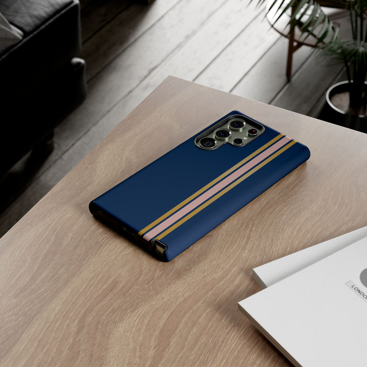 Tough Phone Case Navy Blue Pink Gold Stripe iPhone 18 17 16 15 14 13 12 Pro Max Plus, Samsung Galaxy S26 S25 S24 Ultra Cute Preppy Sport - Studio40ParkLane